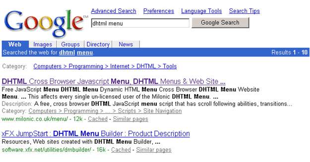 Google results for the DHTML menu of Milonic.com